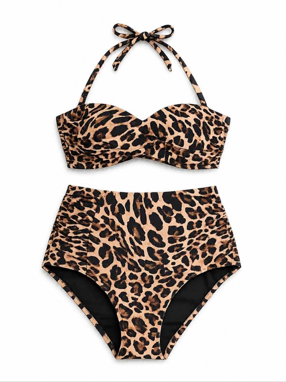 Bar III Beach Cheetah Print Bandeau Bikini Top High Waist Bottom Brown S/M